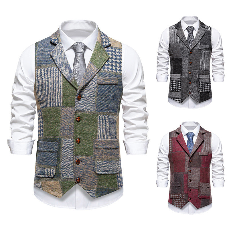 Retro Patchwork Lapel Men's European Size Suit Vest